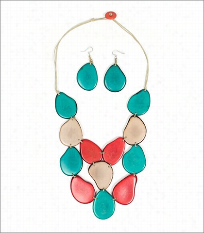 Organic Tagua Jewelry Waterfall Hancdrafted Organic Cascading Necklace And Earring Set Sttyle Lc205 In Color Esmeralda Poppy Coral Cafe Con Leche