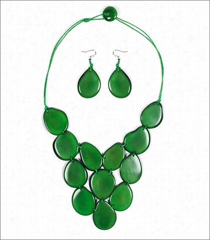 Organic Tagua Jewelry Cataract Handcrafted  Organic Cascading Necklace And Earring Set St Yle Lc205 In Color Forest Green