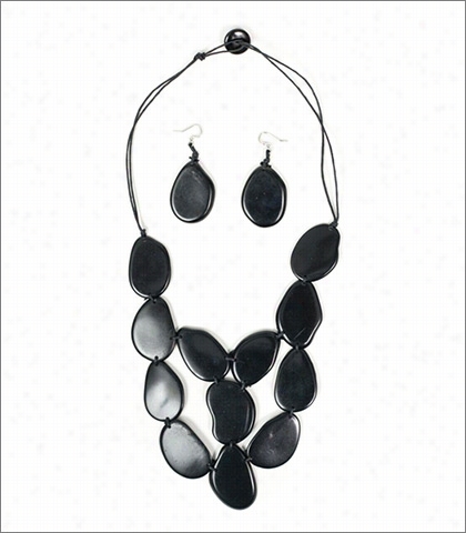 Organic Tagua Jewely Waterfall Handcarfted Organic Cascading Necklace And Earring  Set Style Lc205 In Colod Onyx