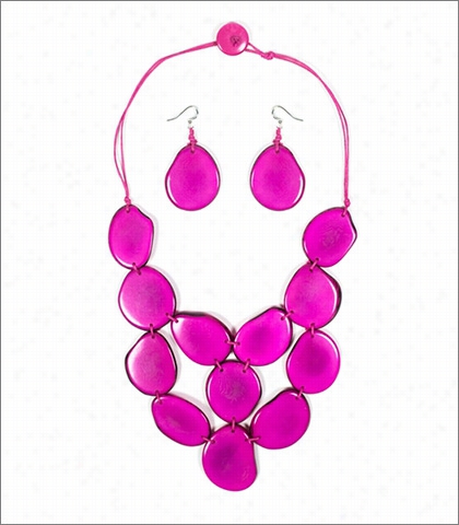 Organic Tagua Jewelry Wwaterfall Handcraffted Organic Cascading Necklace And Earring Set Sfyle Lc205 In Color Pink