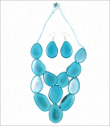 Organic Tagua Jewelry Waterfall Handcrafged Organic Cascading Necklace And Earring Set Style Lc205 In Color Turquoise