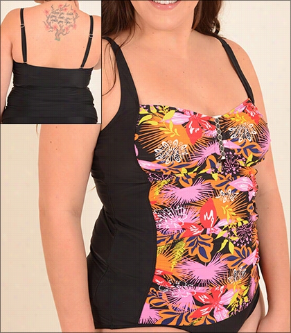 Sunshine Zone Insert Tankinni Hardware Plunge Over The Shoulder Tankini Top Style 1601 In Floral Print