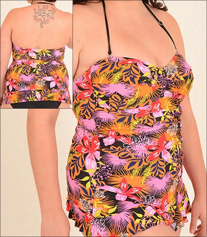 Sunshine Zone Twist Front Bandeau Haltter Swimdress Style 6103 In Floral Print