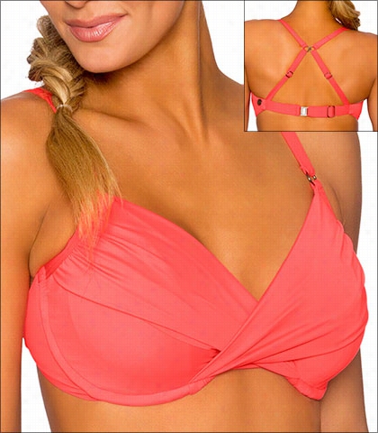 Swim Systems Coral Crush Shirred Underwire Bra Bigness Swimsuit Top With Slider Clasp Back And Two Way Hook Style H794