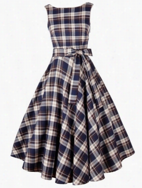 2 Color Round Neck Bowknot Plaid Skater-dress