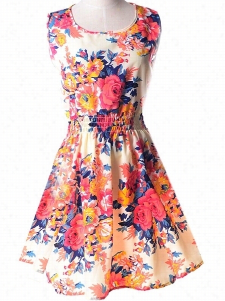 8 Color Graceful Round Neck Printed Skater-dress