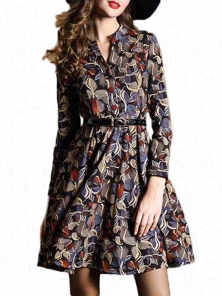 Assoretd Colors Floral Printed Attractive Band Ocllar Skater-dress