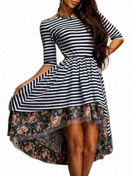 Assortde Colors Striped Stylissh Ro Und Neci Skater-dress