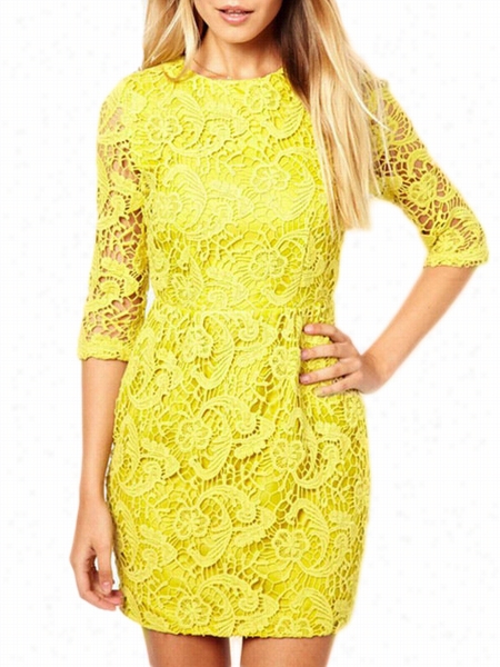 Back Vacant Out Lace Charming Rlund Neck Bodycon Dress