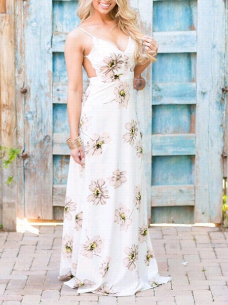 Backless Floral Print Ed Spaghteti Strap Maxi Prepare