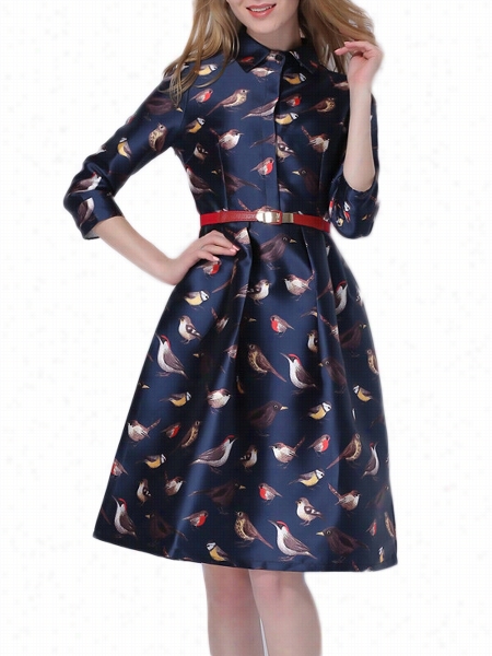 Bird Printed Dark-blue Stunning Band Collar Skater Dress