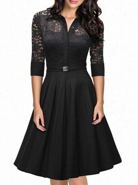 B Lack Hollow Out Lace Patchwork Vintage Graceful Lapel Skater Dress