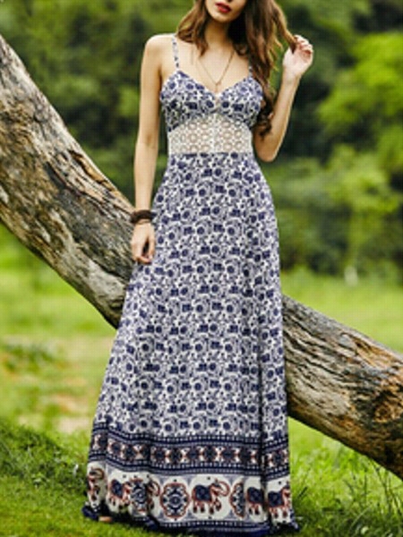 Bohemian Printed Soaghetti Strap Maxi Drress