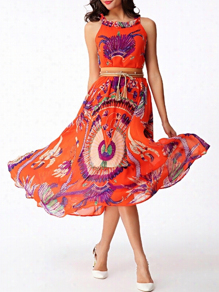 Bohemian Tribal Printed Round Enck Maxi Dress