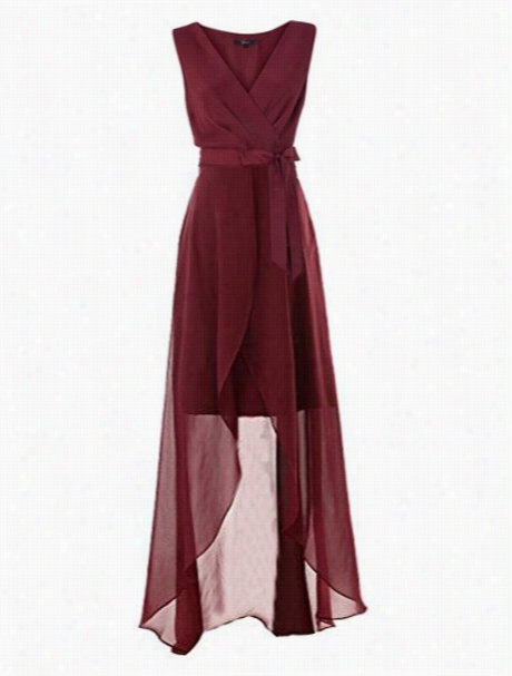 Bowknot Asymmetrical Hems Surplice Maxi-dress