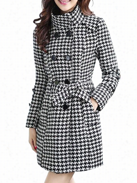 Breasted Houndstooth With Pockets Overcoats
