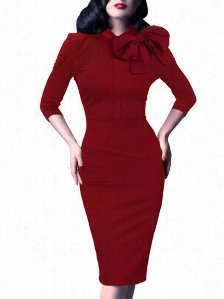 Classical Band Collar  Bowknot With Zips Plain Bodycon-dress
