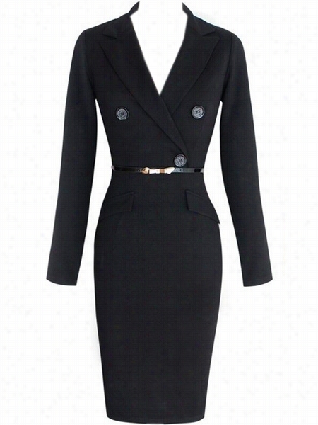 Classical Lapel With Flap Pockets Decorati Ve Buttons Plain Bodycon-dress