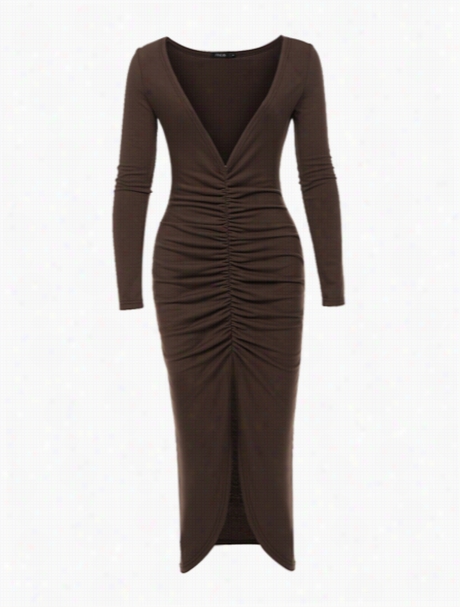 Cofee Plain Graceful V Neck Bodycon Dreess