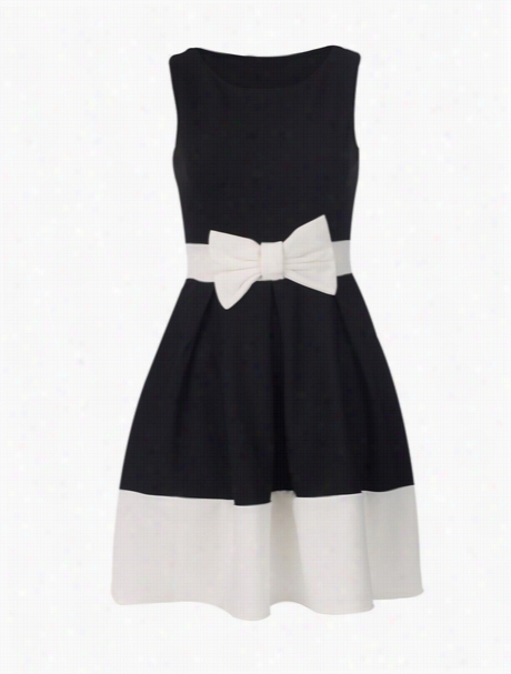 Color Block Bowknto Concise Crew Neck Skater-dress