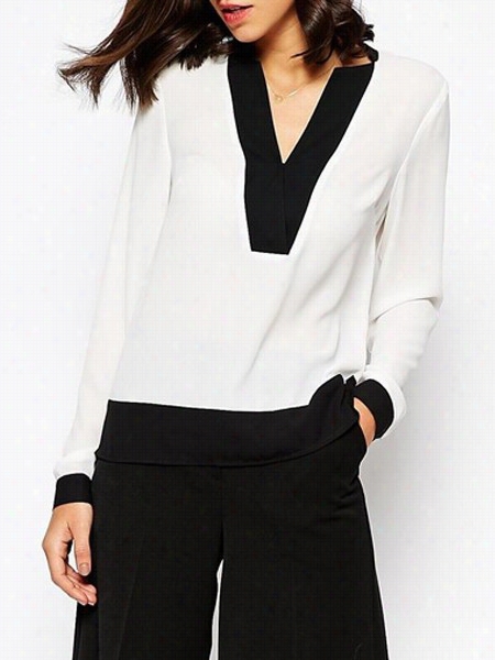 Color Block Concise V Neck Long Sleeve Blouses