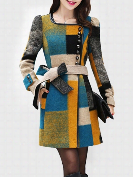 Color  Block Diagonal Button Colorful Overcoats