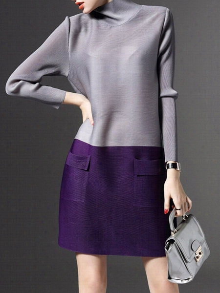 Color Block Elegant High  Neck Shift Dress