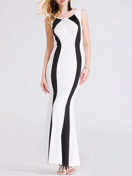 Color  Block Elegant Round Neck Maxi Dress