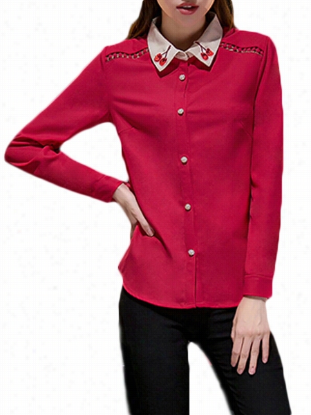 Color Block Embroidery Hollow O Ut Small Lapel Blouses