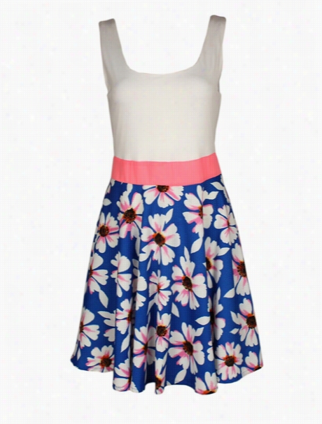 Color Block Floral Charming Skater Dress