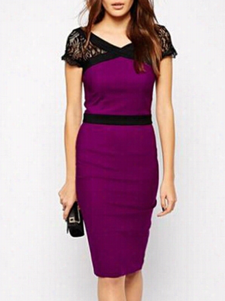 Color Block Lace Chaarming V Neck Bodycon Dress