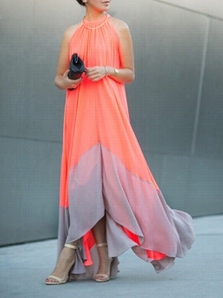 Color Block Lolse Asymmetrical Hems Cre Neck Maxi Dress