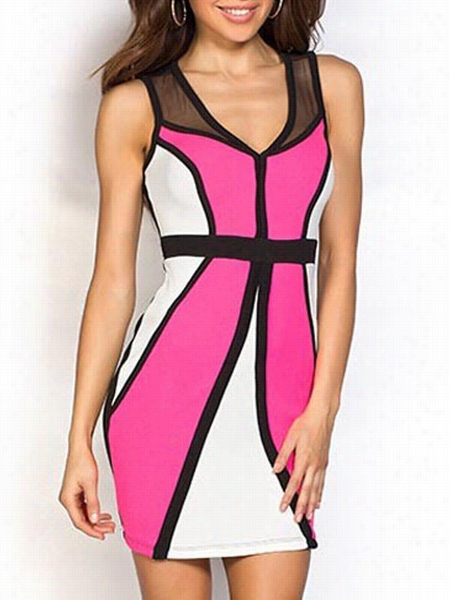 Color Block Mesh Patchwork Chic V Nwck Bodycon Dress