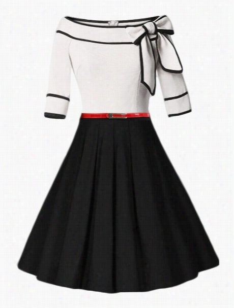 Color Block Ptchw Ork Bowknot Off Shoulder Skater Dress