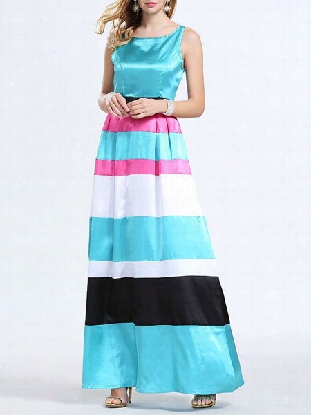 Color Block Patchwork Striped Slash Neck Maxi Dress