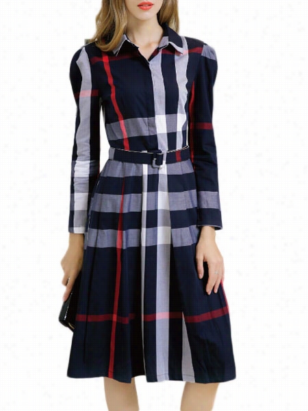 Color Mass Of Houses  Plaid Fascinating Lapel Skater-dress