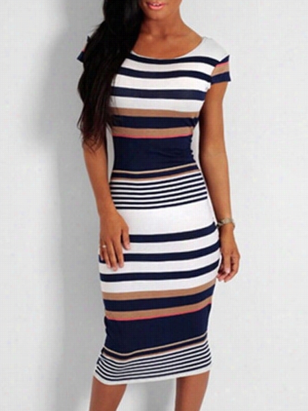 Colod Block Striped Absorbing Crew Neck Bodycon-dress