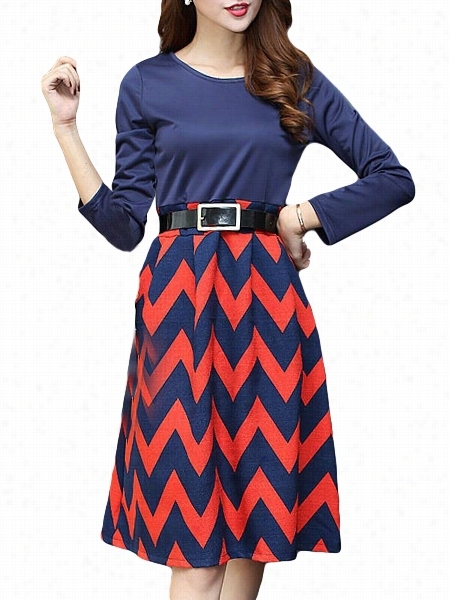 Color Block Striped Charming Crew Neck Skater-dress