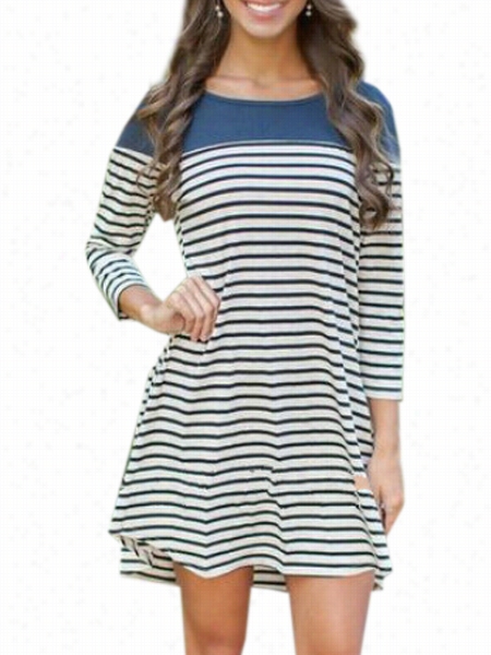 Color Block Striped Comofrtable Round Nec Shift Dress