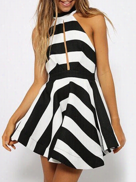 Color Block Stripes Remarkable Halter Skater Dress