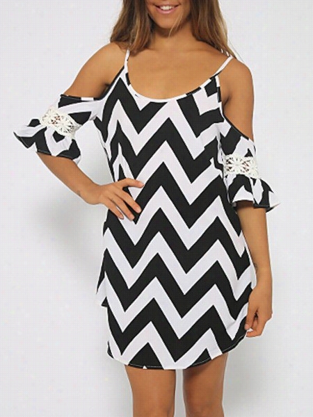 Color Block Zigzag Striped Fabulous Off Shoulder Shift-dress