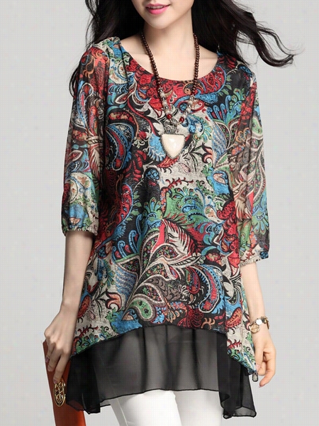 Colorful Round Nneck Floral Printed Shift-ddesses