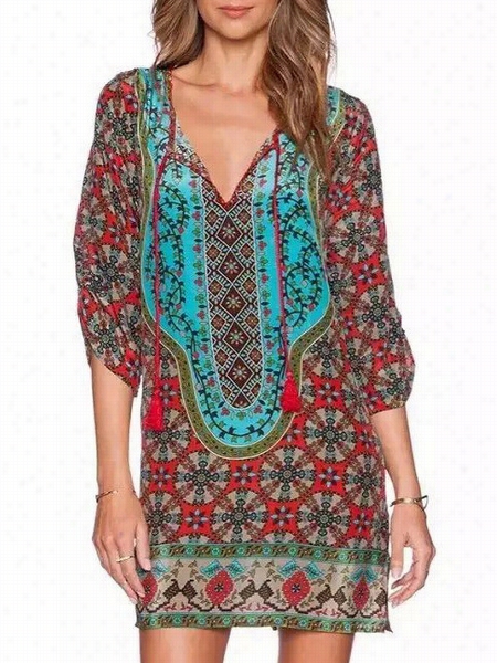 Comfortable V Neck Assorted Colors Bohemian Shift-dress