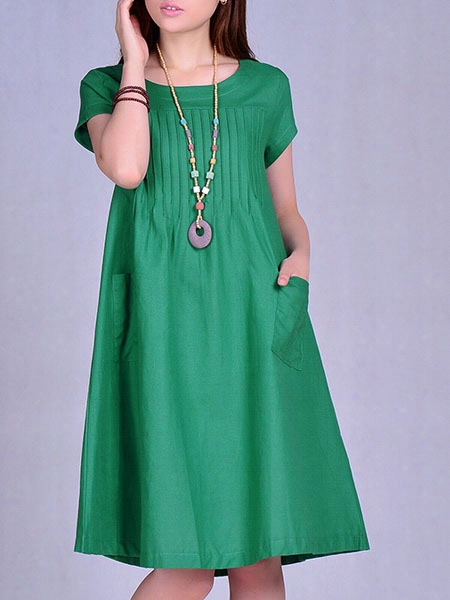 Concise Round Neck Loose Fitting Plain Shift-dresses