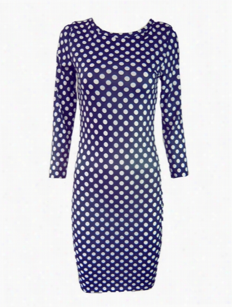 Mysterious Blue Polka Dot Dramatic Round Neck Bodycon Drdss