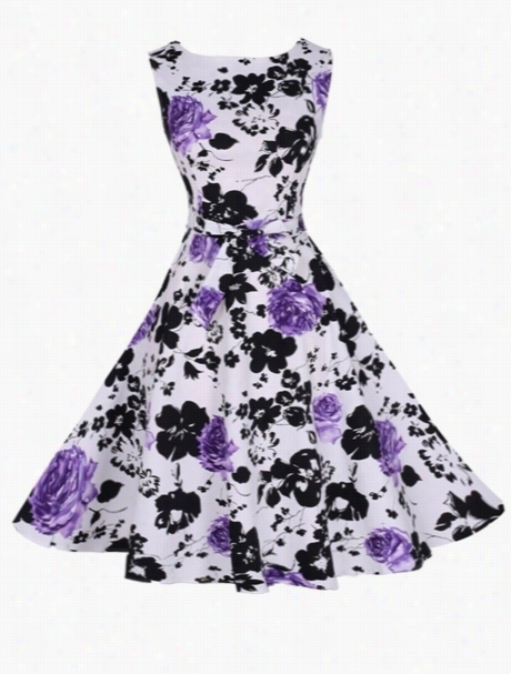 Delicate Round Nec Floral Printed Skater-dress