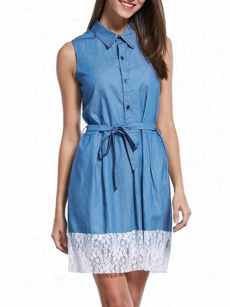 Denim Stylish Dol Collar Skater Dress