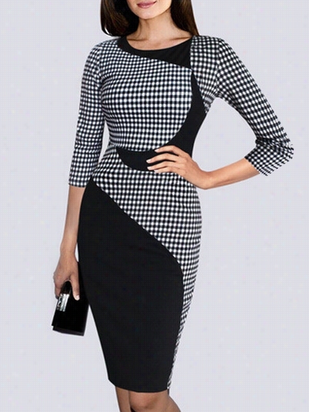 Designed Patchwork Plaid Attending Zips Bodycon-dress
