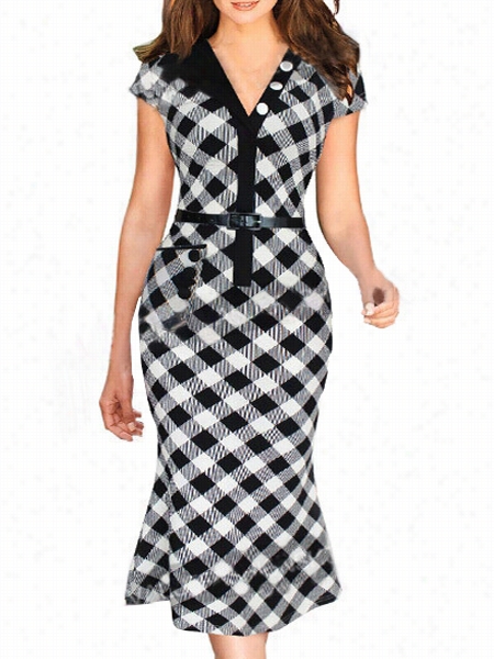 Dramatic Plaid V Neck With Pocketss Boodycon-dress