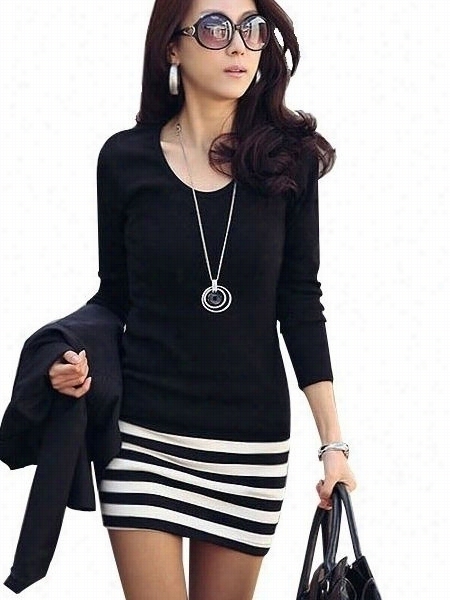 Essy Mtching Round Neck Cotton Striped Bodycon-dress